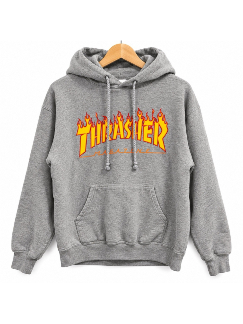 THRASHER Flame Logo Hoodie Grey Skate Magazine Pullover Grunge Skater M